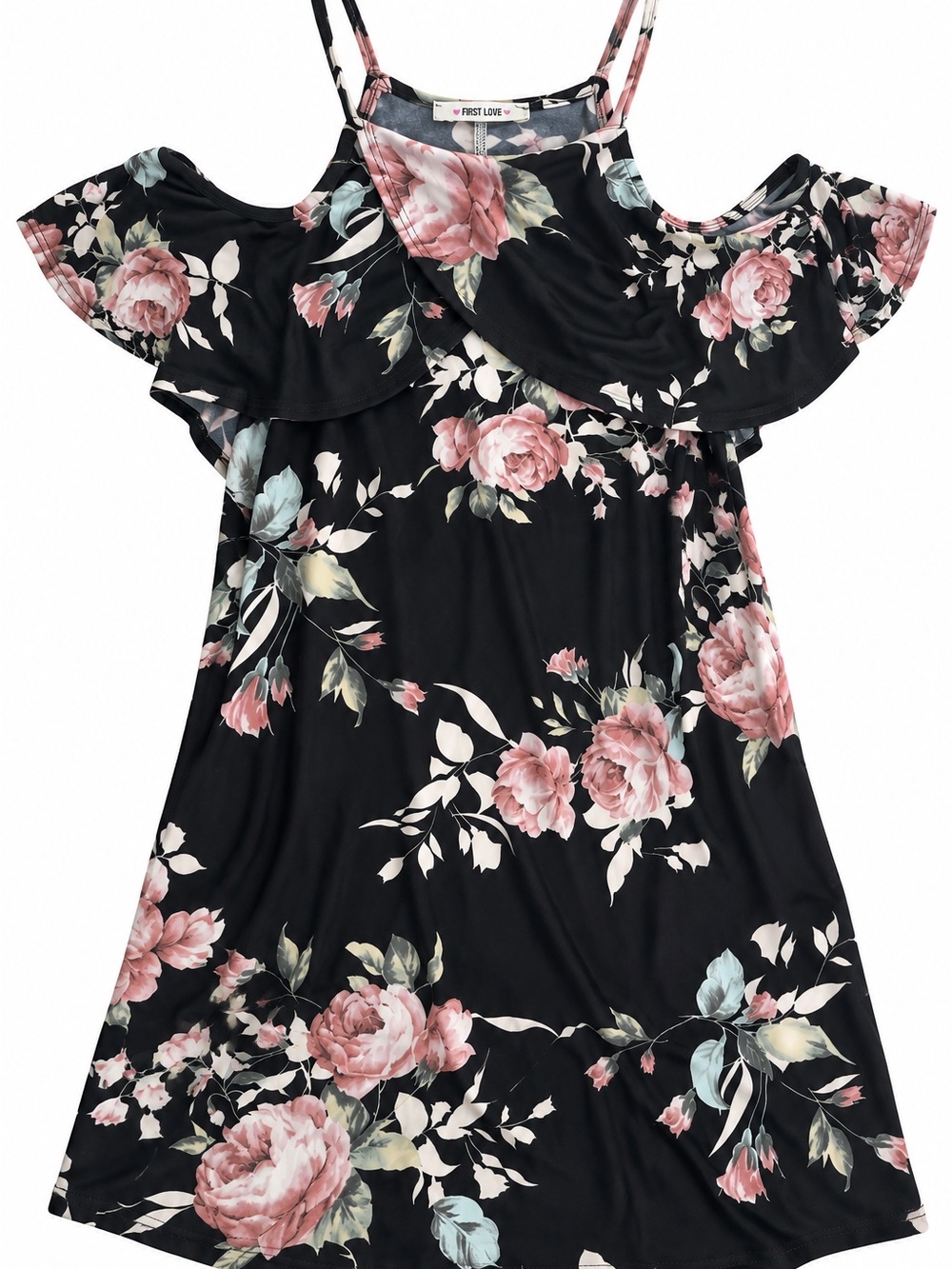 First Love Black Floral Cold-Shoulder Dress with Pink Roses NWT